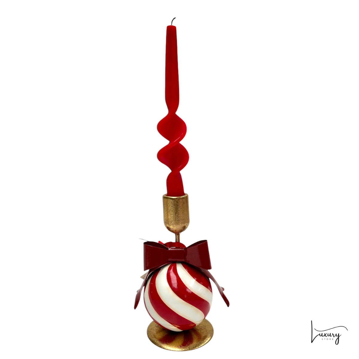 Porta candele in metallo con fiocco rosso