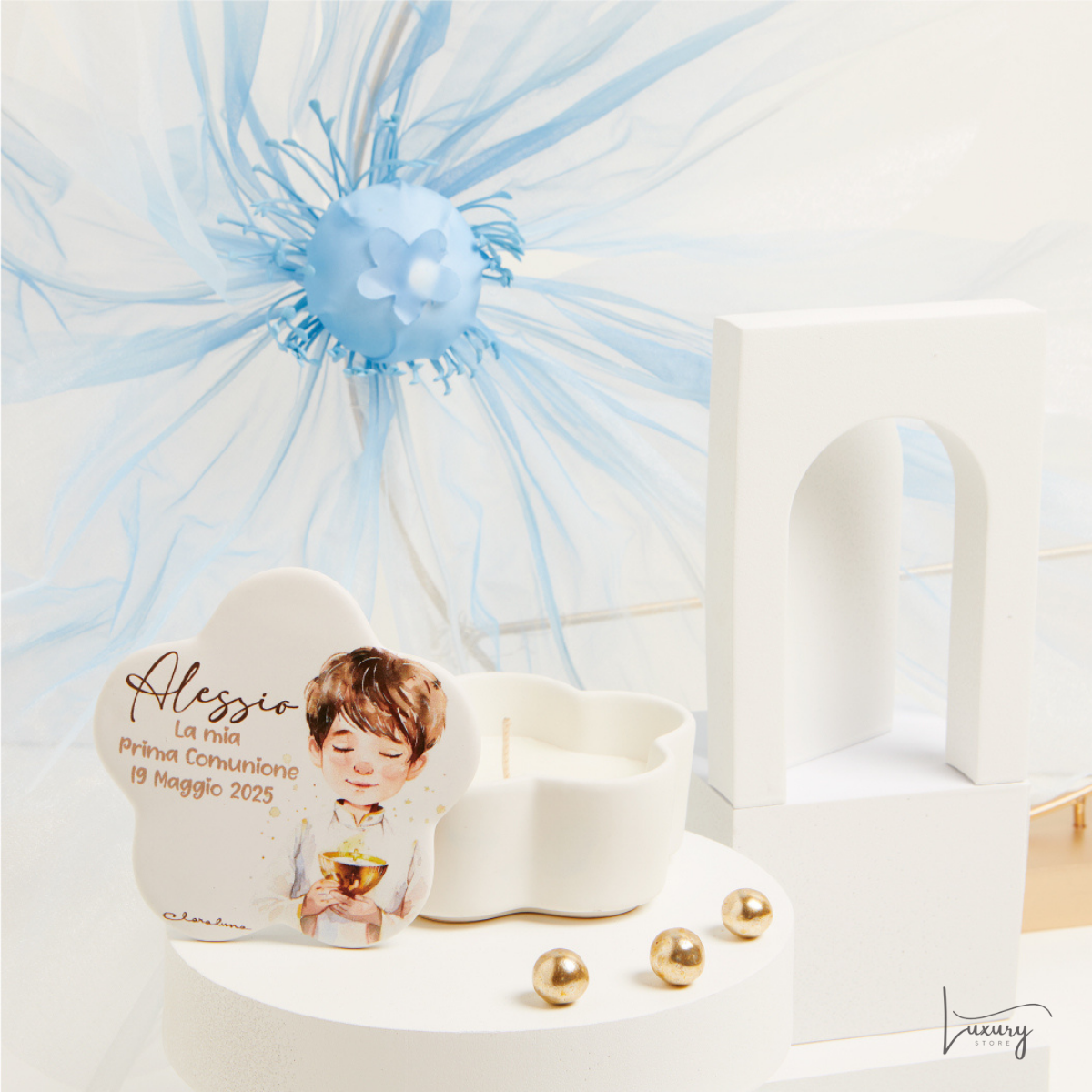 Claraluna Scatola bianca con candela Prima Comunione Personalizzabile