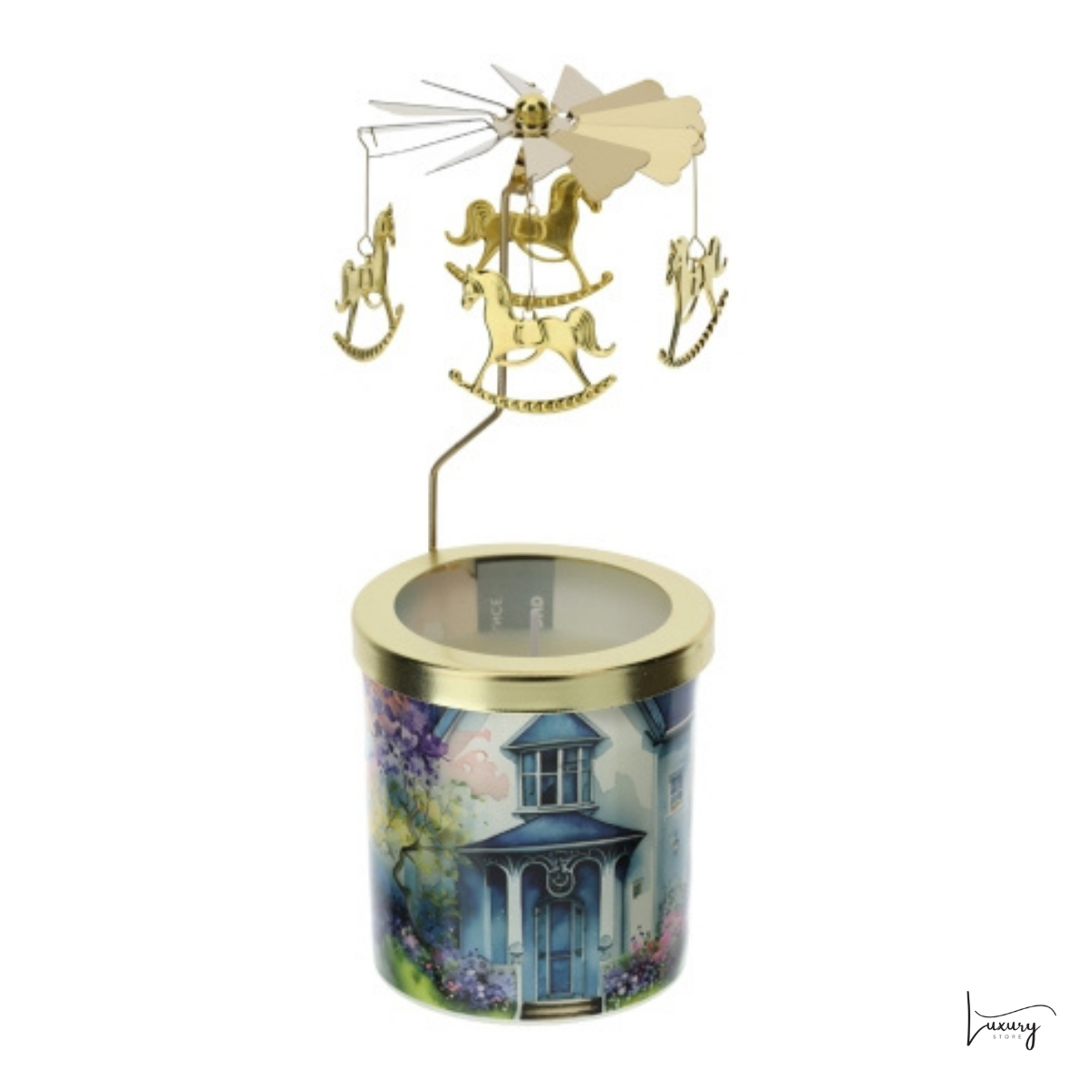 Hervit Candela Cottage blu con giostrina girevole con Cavallucci