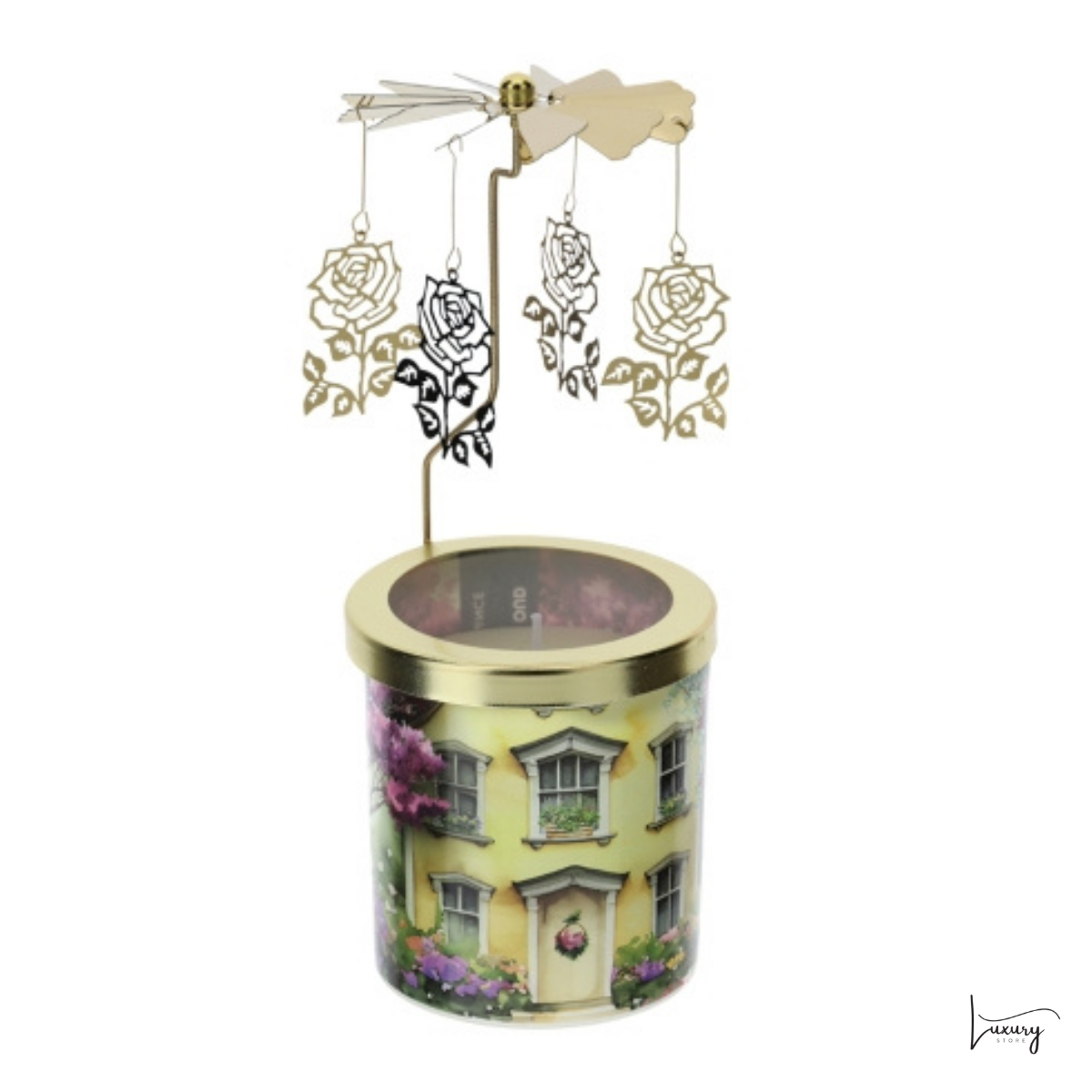 Hervit Candela Cottage gialla con giostrina girevole con Rose