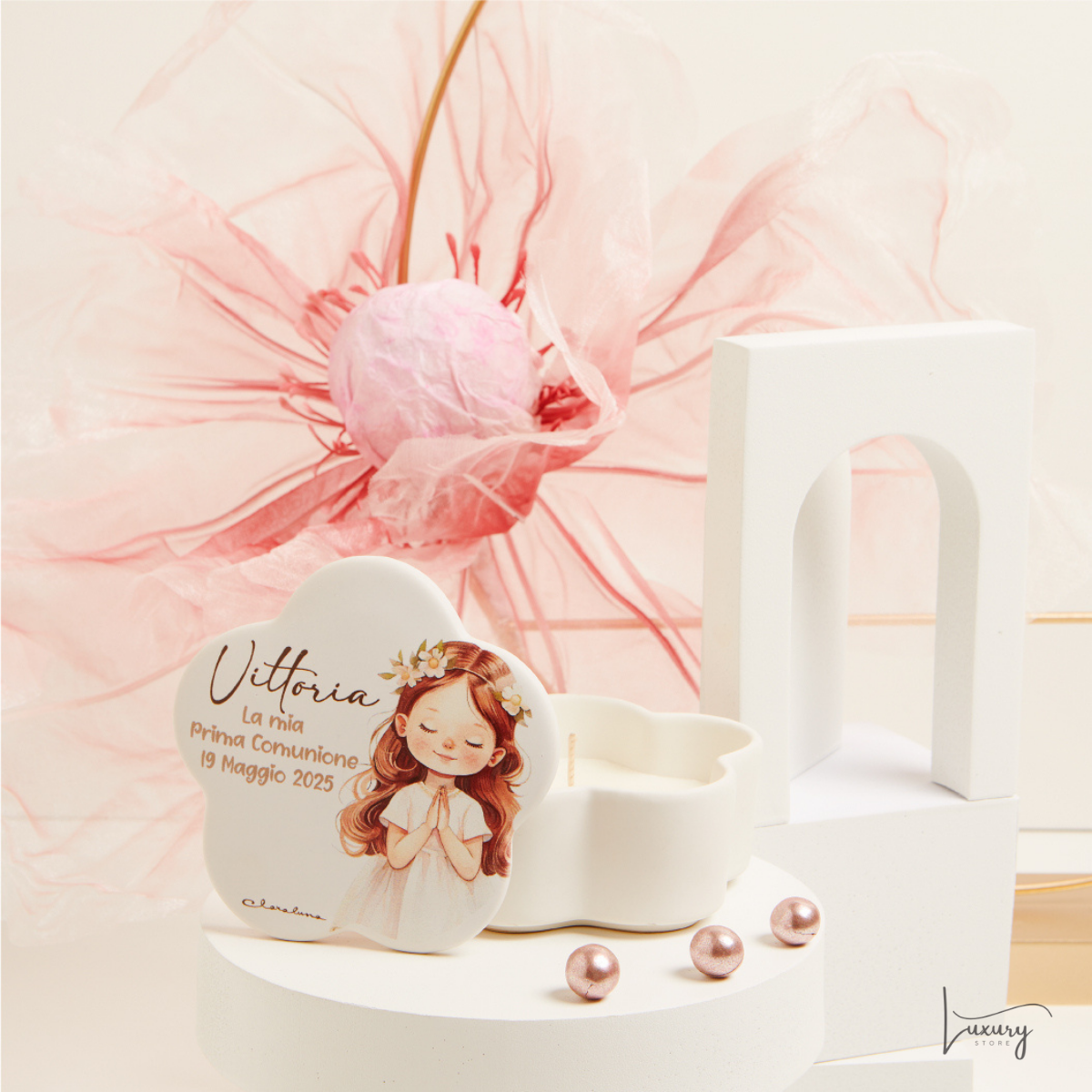 Claraluna Scatola bianca con candela Prima Comunione Personalizzabile