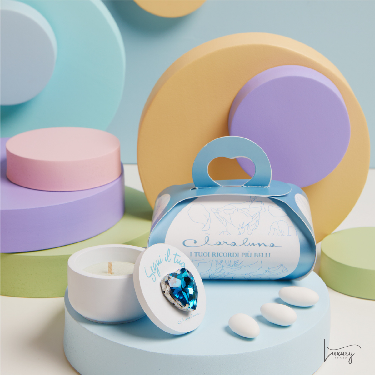 Claraluna Scatolina azzurra con candela e cuore azzurro