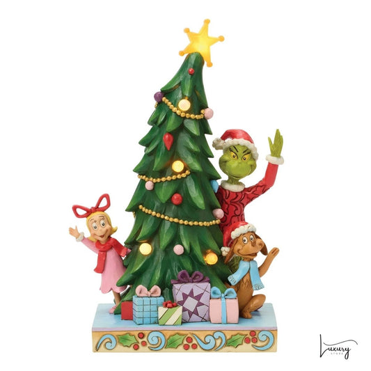 Disney Jim Shore Statuina Grinch, Cindy-Lou e Max con albero di Natale a LED