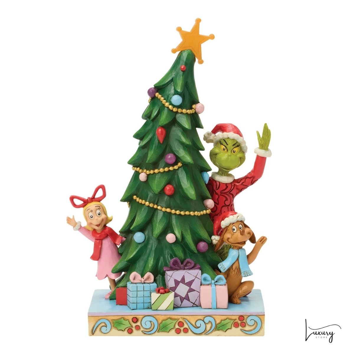 Disney Jim Shore Statuina Grinch, Cindy-Lou e Max con albero di Natale a LED
