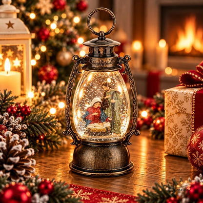 Hervit  Lanterna  con Natività  acqua neve h.25 cm