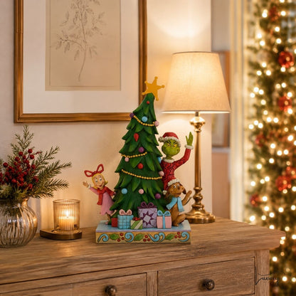 Disney Jim Shore Statuina Grinch, Cindy-Lou e Max con albero di Natale a LED