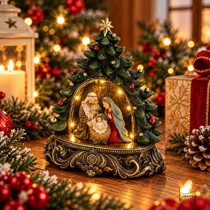 Hervit  Albero di Natale in resina con Natività e luci led