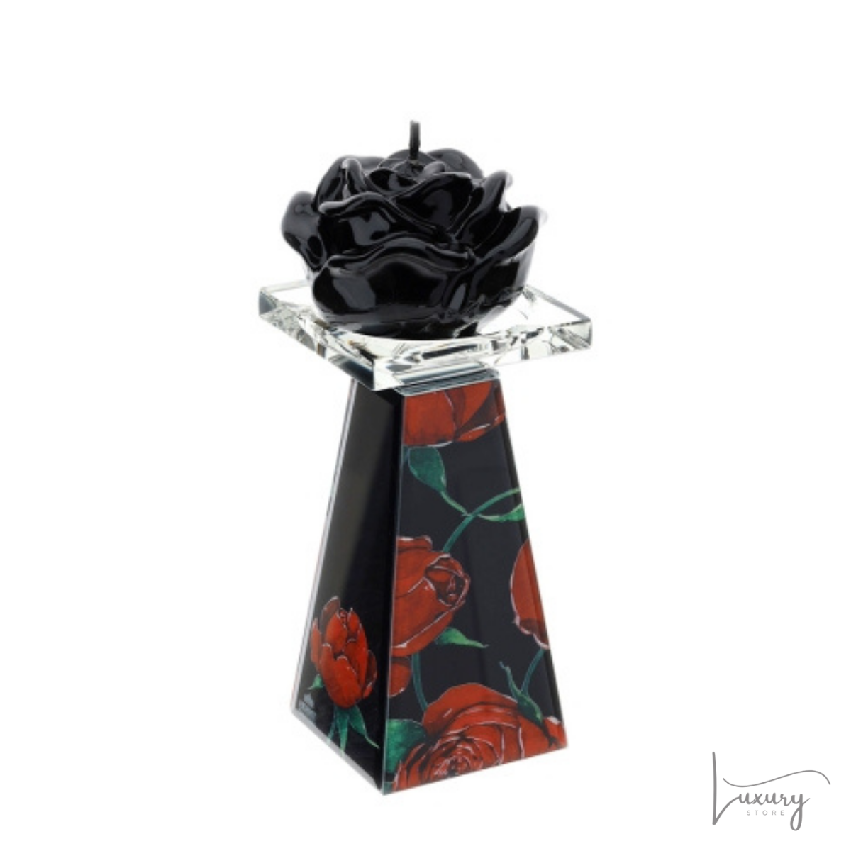 Hervit Portacandele in cristallo nero con stampa rose