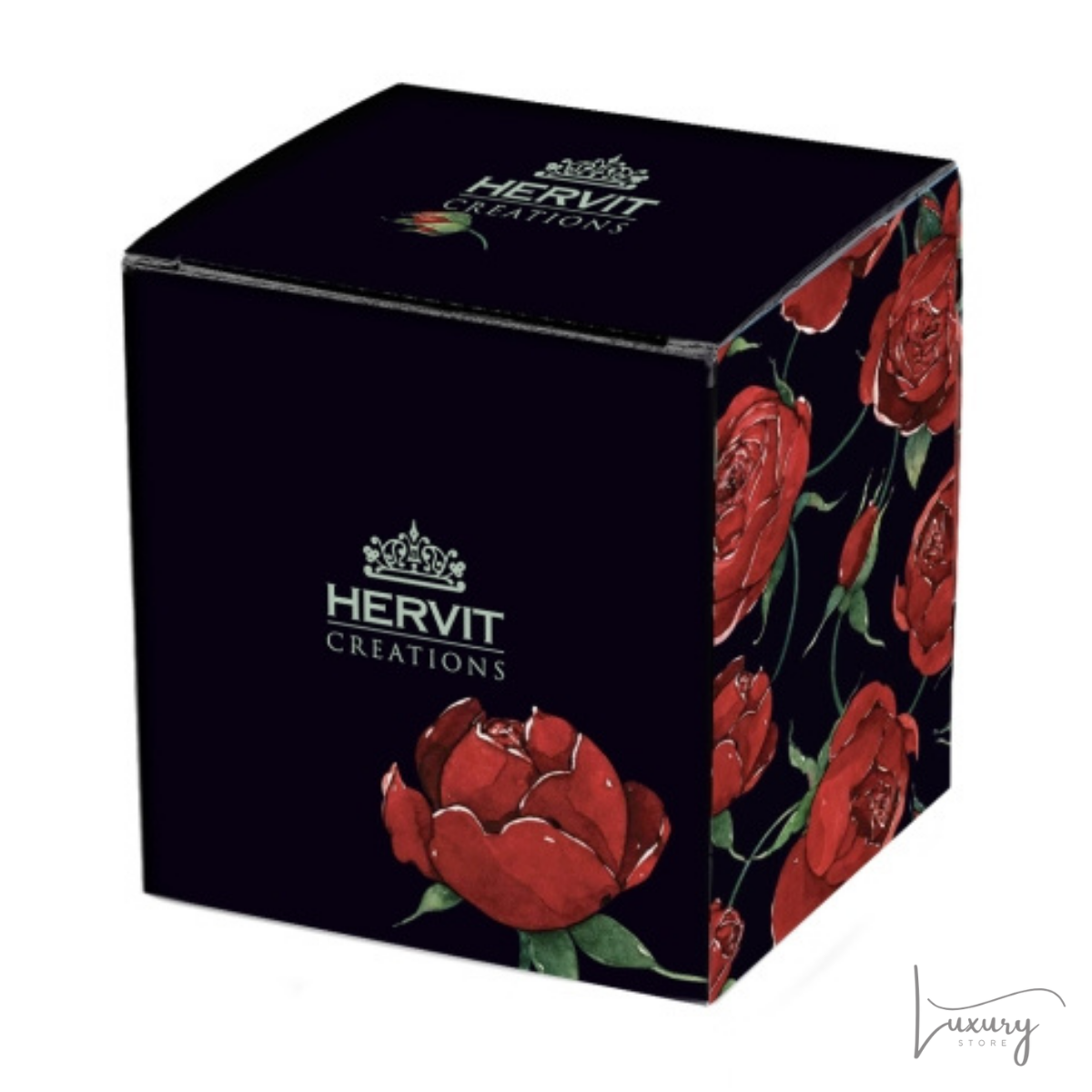 Hervit Portacandele in cristallo nero con stampa rose