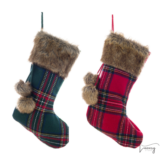 Blanc Mariclò Calze di Natale in tartan con pon pon in pelliccia